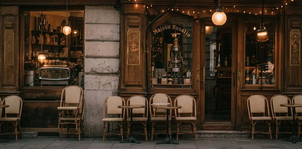 Façade de la boutique Maison Rosalie avec sa terrasse et ses chaises en rotin